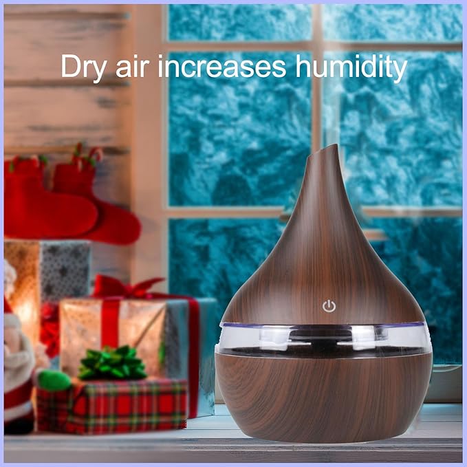 300ml Cool Mist Humidifier, 10-20H Runtime Ultra-Quiet 24dB Bedroom Humidifier with 7 Color Lights & 2 Mist Modes, Auto Shut-Off, Small Space Humidifiers for Baby Nursery Home Office (Brown)