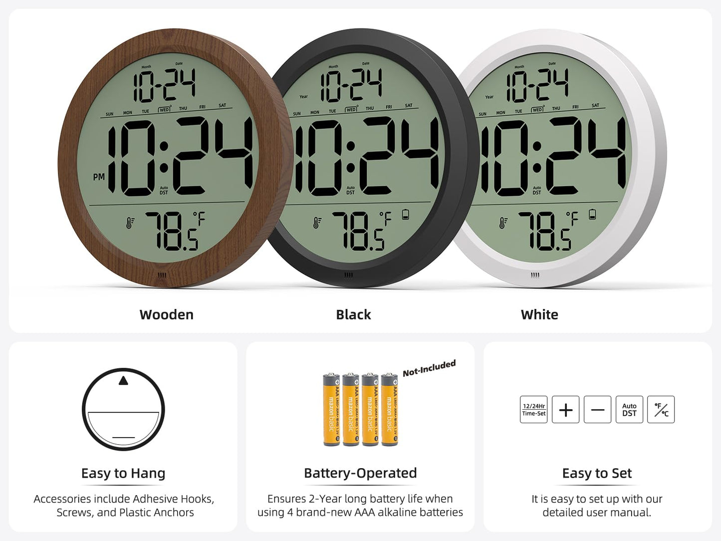 Digital Wall Clock with Date, Indoor Temperature, Auto-DST, Battery-Operated Digital Clock, 8 Inch Small Decorative Wood Wall Clock for Bedroom, Living Room, Kitchen, Office, Modern, Electric, Simple