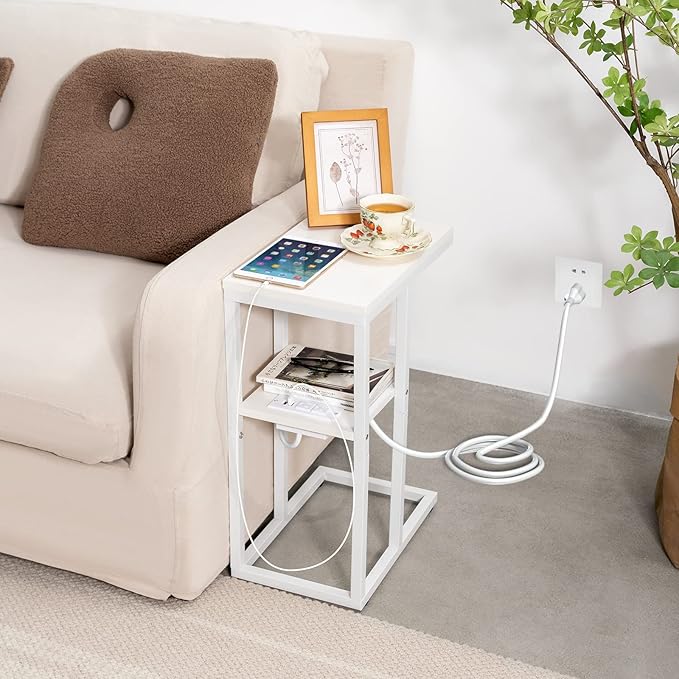 Yoobure C Shaped End Table with Charging Station, Small Side Tables for Living Room Bedroom, Sofa Table with USB Ports and Outlets for Small Spaces, Rustic Bed Side Table