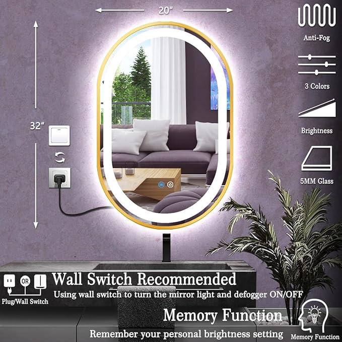 20 x 32 Inch Gold Oval LED Vanity Mirror with Lights Smart Memory 3 Color Dimmable Anti-Fog 32 Inch Gold Frame Oval Lighted Mirror for Bathroom Wall LED Ovals Mirror with Lights Golden Frame