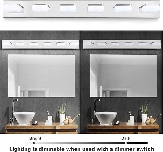 3 Colors Dimmable Bathroom Light Fixtures Over Mirror, LED Chrome Vanity Lights, Acrylic Stainless Steel 6 Light Bathroom Vanity Light, Adjustable 3000K/4000K/6000K, 360° Rotate