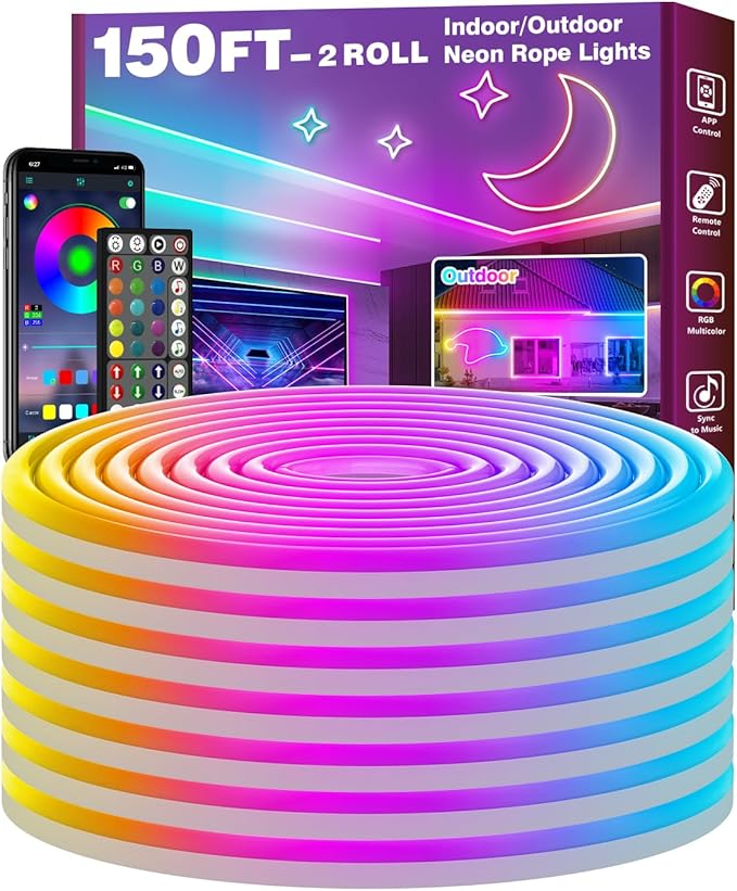 150Ft Led Rope Lights, Flexible Neon Lights Control with App/Remote, Multiple Modes, IP65 Outdoor RGB Waterproof, Music Sync Gaming Light Strip for Bedroom Decor