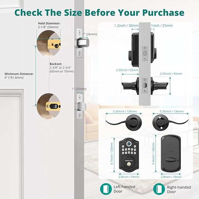 DS10 Keyless Entry Door Lock with 2 Lever Handle, Fingerprint, Keypad Code, 2 Keys, Smart Locks for Front Door, Bedroom, One-time Code, Auto-Lock, Easy Installation -Matte Black