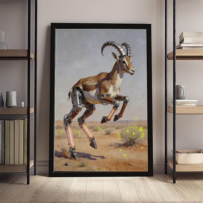 Framed Steampunk Mechanical Antelope Wall Art - Desert Futuristic Poster for Loft Living Room Decor 20x30in