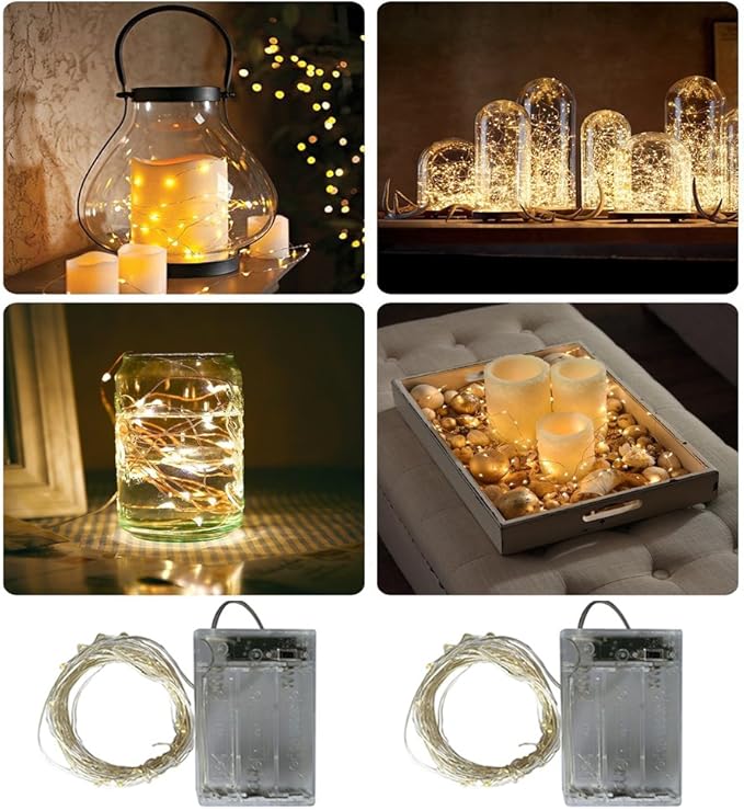 2 x 20LEDs Fairy Lights Battery Operated, Silver Wire 2 Mode Chains String Lights for Bedroom Christmas Party Decoration (Warm White, 6.6)