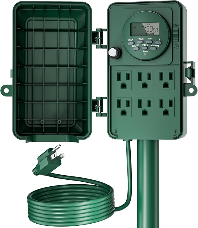 BN-LINK 7 Day Heavy Duty Outdoor Digital Stake Timer, 6 Outlets, Weatherproof, 2X Outdoor Extension Cord Safety Cover Waterproof, Fits 12/14/16 AWG Green