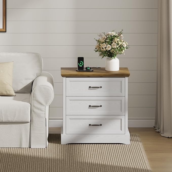 NightStand with Charging Station, Farmhouse 23.6" W Bedside Table with 4 Drawers, Night Stand for Bedroom, Home Office, White & Brown