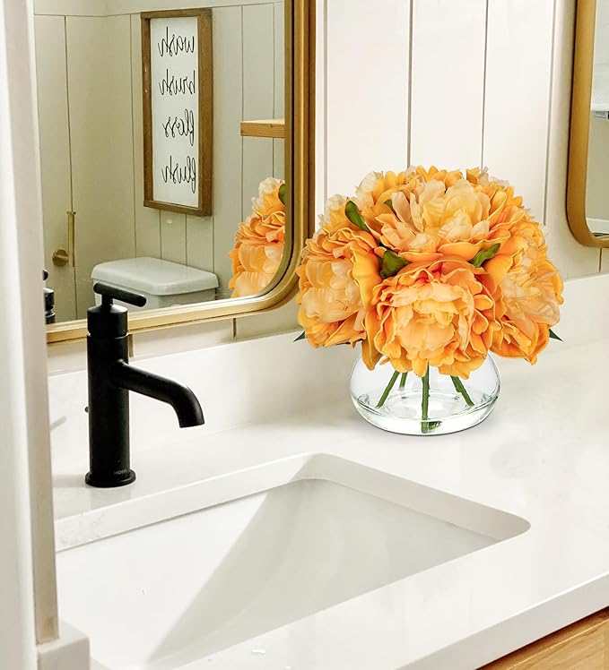 Hollyone Orange Peonies Fall Flowers Artificial for Decoration in Vase Faux Flowers Autumn Peony Silk Flower Arrangements with Glass Vase with Fake Water Table Centerpiece Fall Decorations for Home