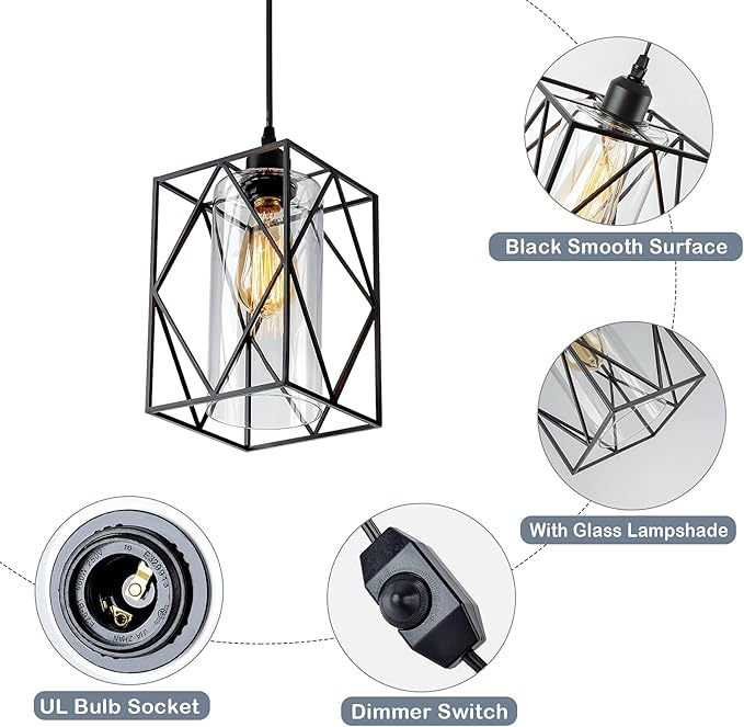 HMVPL Plug in Pendant Light with Dimmer Switch, Outdoor Farmhouse Hanging Lights Fixtures for Gazebo and Porch, Plug in Ceiling Light for Kitchen Island Table Bedroom Hallway Foyer