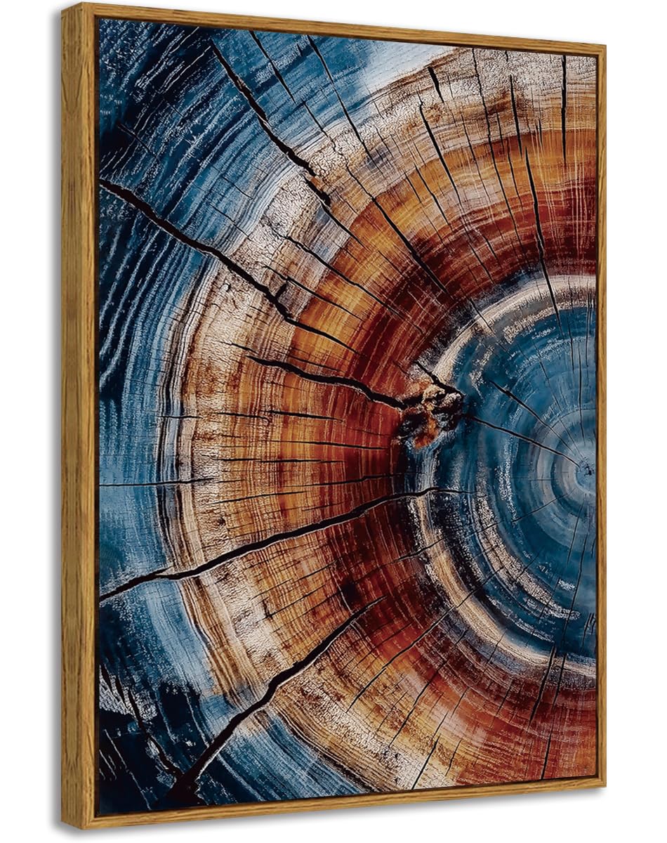 BingruiArt Framed Tree Ring Wall Art Blue and Red Boho Wall Decor Nature Print Wood Canvas Rustic Artwork Abstract Painting Modern Picture for Living Room Bedroom Bathroom 12"x16"" Natural Framed(01)"