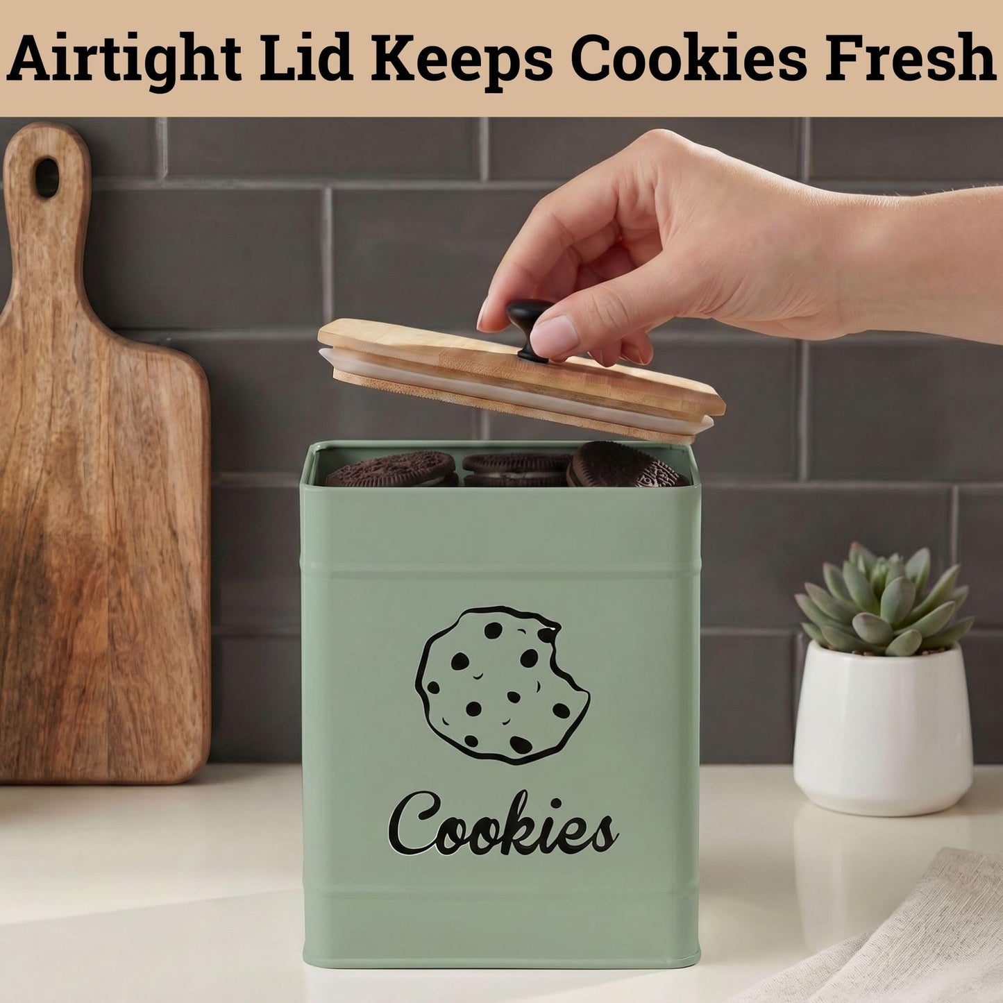 Cookie Jar with Airtight Lid - 1 Gallon - 6"D x 8""H Green Iron Cookie Tin with Bamboo Lid - Large Cookie Jars with Lids Airtight - Farmhouse Cookie Jars for Kitchen Counter Decorative - Cookies Jar"