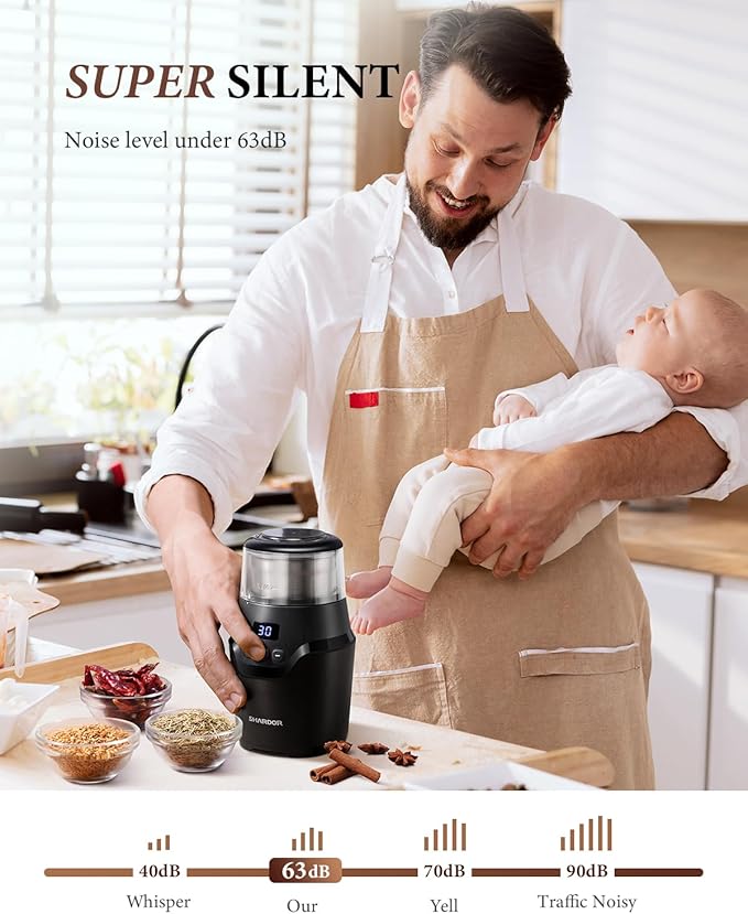 SHARDOR Adjustable Coffee Grinder Electric, Super Silent Electric Coffee Bean Grinder with Time-Memory Adjustment and Multi-Functional Stainless Steel Cup for Spices, Herbs, and Nuts Grinding, Gray