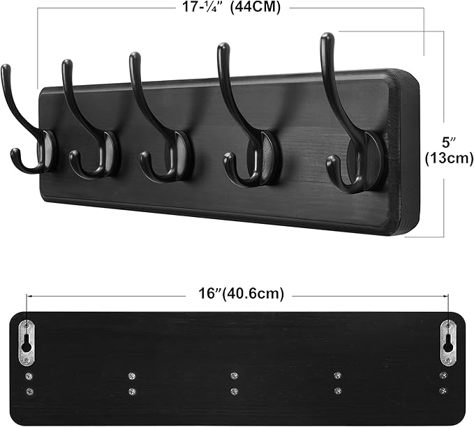 SKOLOO Rustic Wall Mounted Coat Rack, Pine Solid Wood Coat Hook Hanger - 5 Hooks for Hanging Clothes Robes Towels Coats