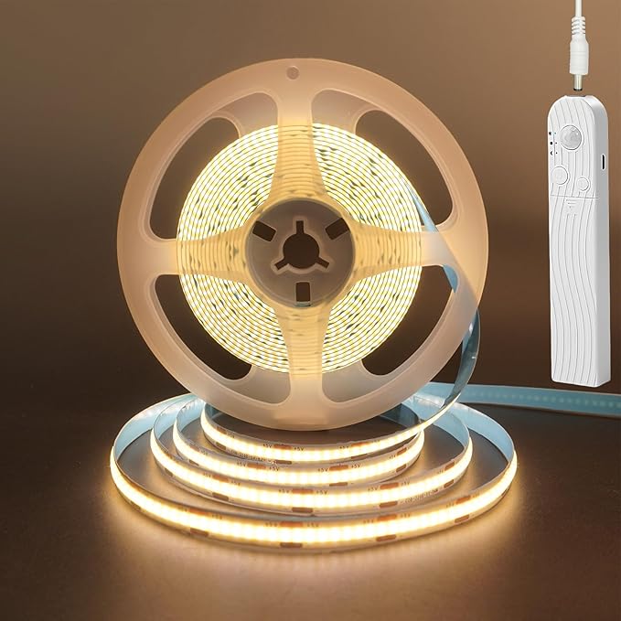 5V Motion Sensor Dimmable USB Rechargeable COB LED Strip Lights,Built-in 1500mAh Battery,Three Modes,9.84FT/3M,Warm White 3000K,320LEDs/M,Night for Closet,Wardrobe,Bed,Stairs,Kitchen