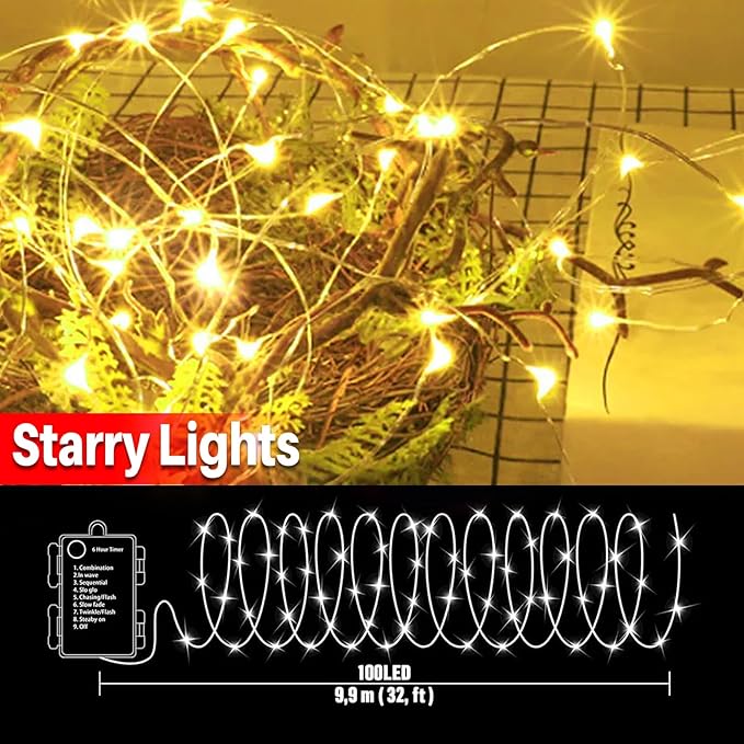 LAMPHOME 100 LED 33FT Fairy Lights Battery Operated with Remote, Mini Starry String Lights,Multi Functions & Timer, Twinkle Light for Christmas Home Bedroom Wedding DIY Centerpiece Decor,Yellow