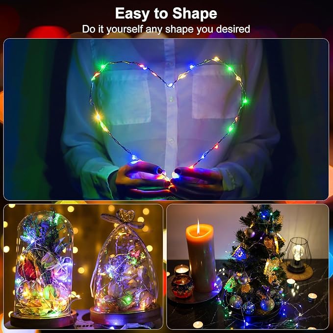 echosari 2 Pack Fairy Lights Battery Operated 200 LED 66Ft Silver Wire Starry Colored String Lights Auto Timer 8 Modes Waterproof Mini Christmas Fairy Lights for Bedroom Wedding Decor (Multicolor)