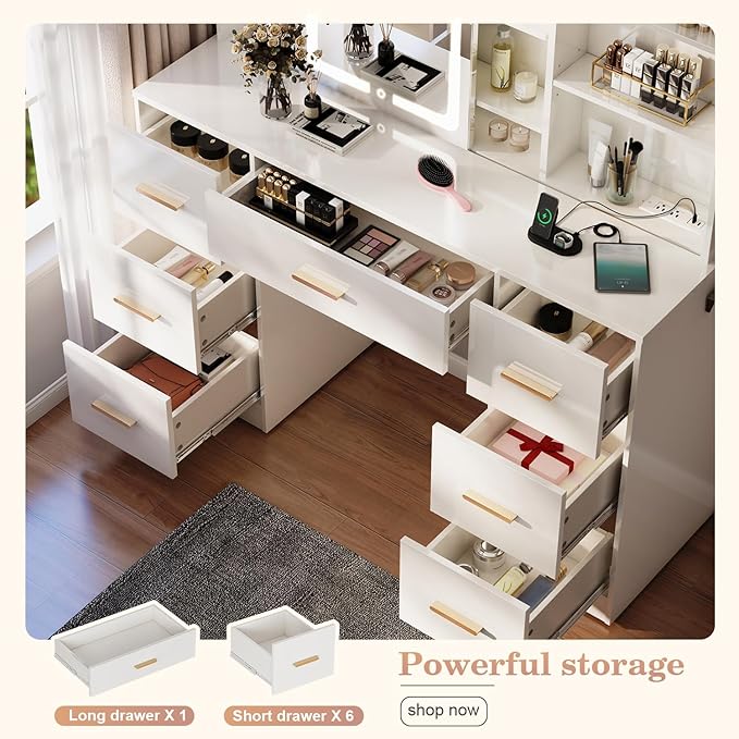 47'' Large Vanity Desk with Mirror and Lights, 7 Drawers, 8 Storage Shelves Vanity Table, Big Makeup Vanity Desk with 3 LED Lighting Modes, Vanity Dresser with Outlet, Sliding Mirror (White)