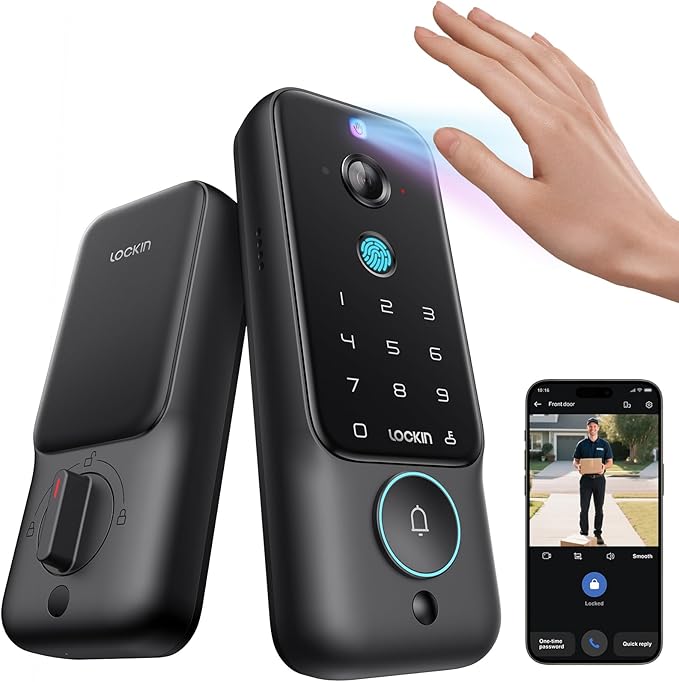 Lockin Veno Plus Video Smart Lock with Camera 2K 180°, Keyless Entry Door Lock for Front Door, Palm Vein & Fingerprint Biometric Access, Built-in Wi-Fi, 8GB Storage, No Monthly Fees
