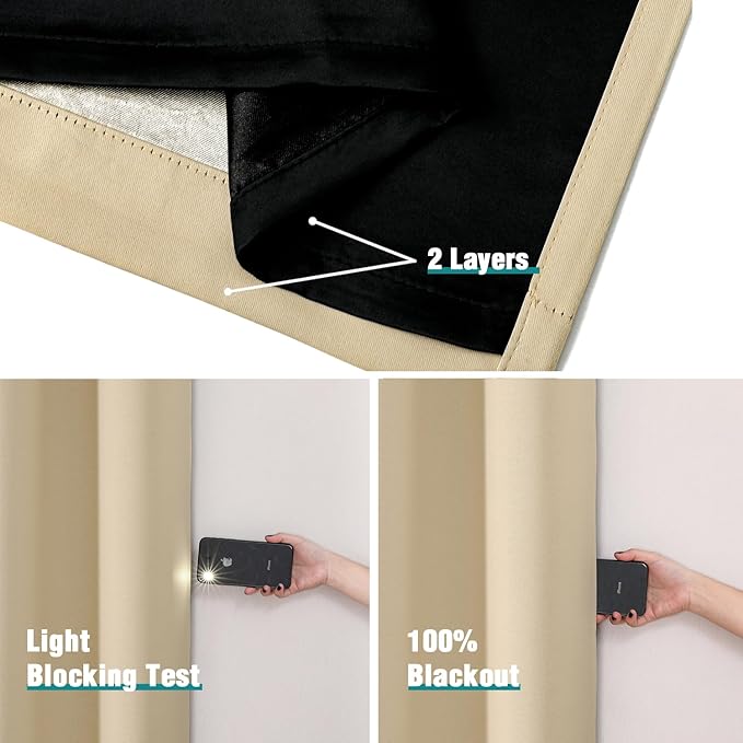 ChrisDowa 100% Blackout Curtains 80 inch Long for Bedroom with Black Liner, 2 Thick Layers Total Blackout Thermal Insulated Grommet Window Curtains 2 Panels Set (Beige, 52 x 80 Inch)