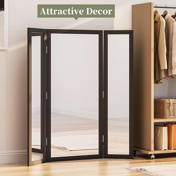 3 Way Mirror Full Length with Tempered Glass, 71"x67" Oversized Bridal Triple-Fold Floor Mirror with Wood Frame, Decorative Trifold Mirror for Home,Wedding Dress/Clothing Shop/Bedroom/Closet (Black)