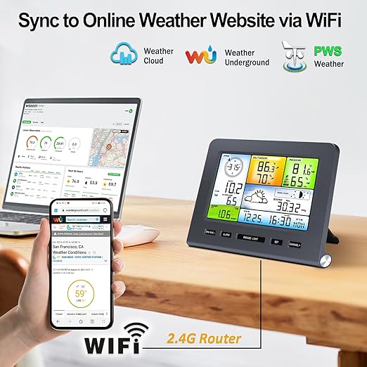 Urageuxy Wireless Weather Station Indoor Outdoor with WiFi, Rain Gauge, Wind Speed/Direction Sensor, Temperature, Humidity, Weather Forecast