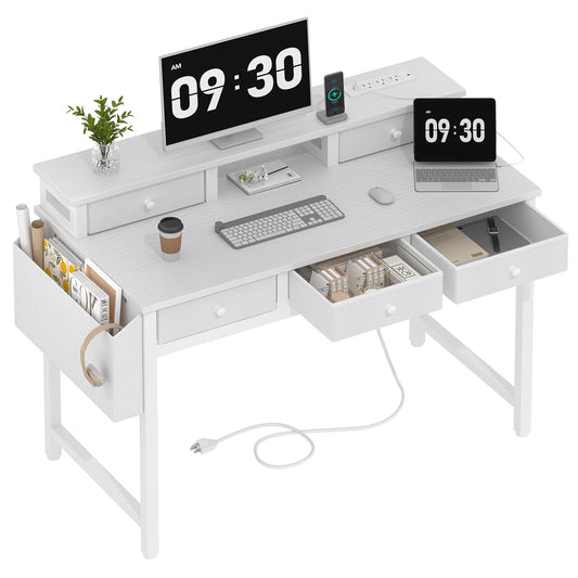 Lufeiya White Computer Desk with Fabric Drawers for Home Office, 40 inch Vanity Makeup Desk with Drawers Storage for Bedroom, Writing Study Table with Power Outlet & Monitor Stand, White