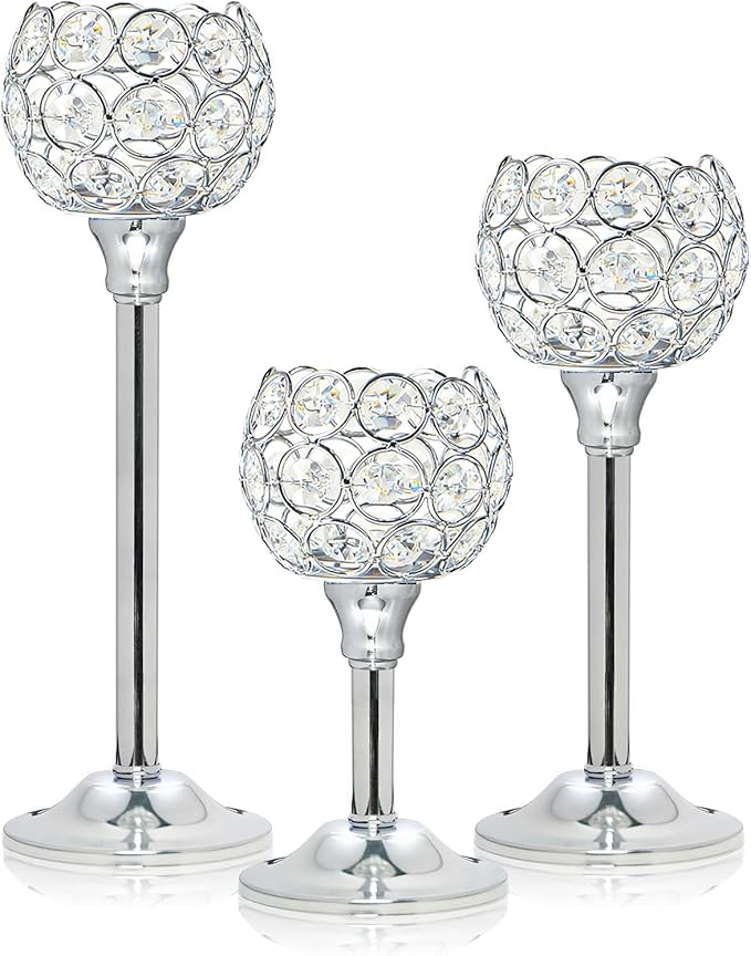 Crystal Metal Tealight Candlestick, Bling Bowl Candelabras, Tall Crystal Votive Candle Holders Elegant Crystal Candle Centerpiece for Dining Table Wedding Decor (Set of 3, Silver)