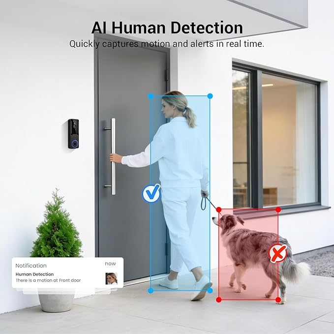 1080p Wireless Wi-Fi Video Doorbell Dome Cameras with AI Human Motion Detection, Battery Powered, 2.4G WiFi, Night Vision, 2 Way Talk, Cloud Storage (Sold Separately)