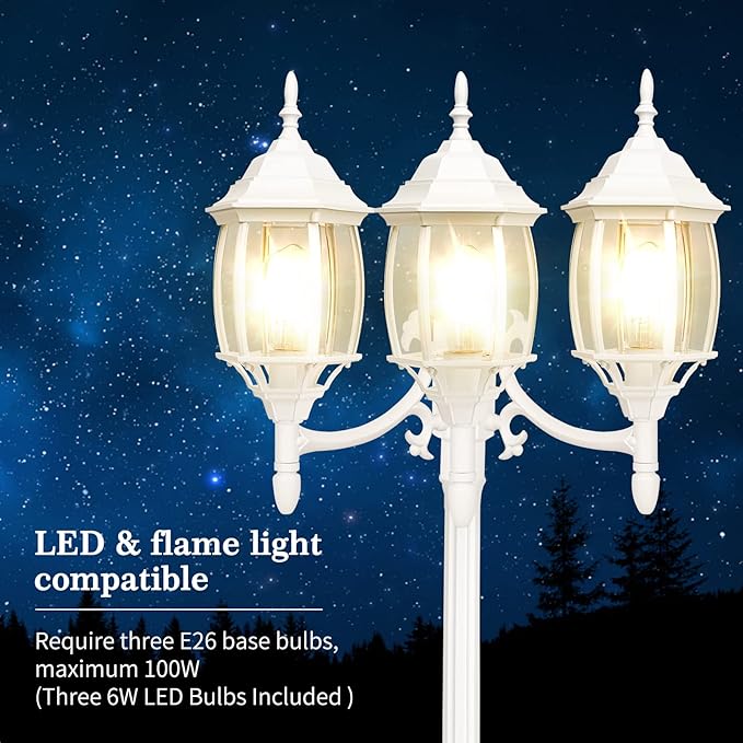 Dusk to Dawn Sensor Outdoor Lamp Post Light 3-Head, Classic White Light Pole with Clear Glass Panels (3 LED Bulbs Included, Max.100W), Waterproof Outside Street Light for Backyard, Garden, Driveway