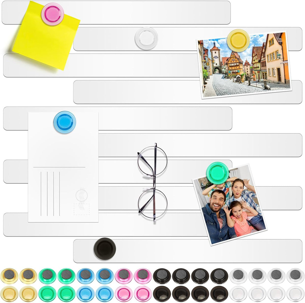 Wukong 10 Pack | 30x3cm(11.81 x 1.18) Magnetic Stainless White Boards Strips, Adhesive Backing Bulletin Bar Board, Memo Board with 32Pcs Colorful Magnets for Office, Home, Photo Wall, Documents