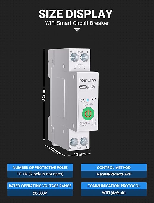 WiFi Smart Circuit Breaker 1P+N, 24-Hour Energy Monitoring, DIN Rail Mount, Smart Life/Tuya APP Remote Control & Voice Control Compatible with Alexa/Google Assistant (1-63A)