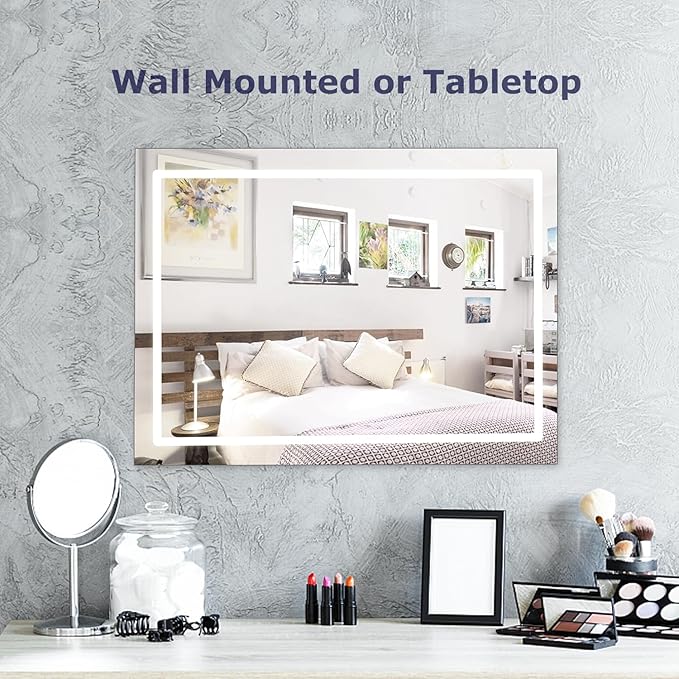 Makeup Vanity Mirror with Lights, 31.5"x 23.6" Large LED Lighted Mirror with 10X Magnification and USB Charging Port, Smart Touch 3 Colors Dimmable, Touch Control for Bedroom, White