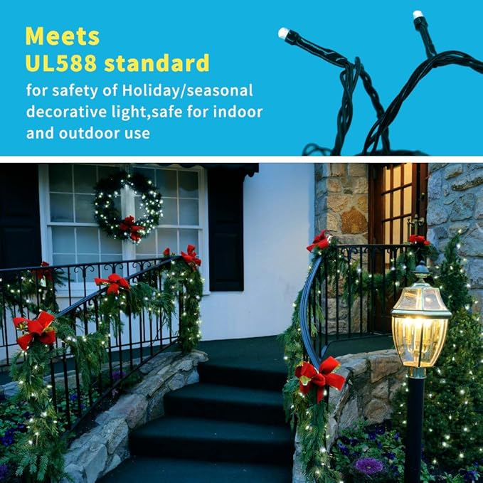 Christmas String Lights End-to-End Plug 8 Modes 108FT 300 LED IP55 Outdoor Waterproof UL Certificated Indoor Fairy Lights Garden Wedding Christma Trees Parties Decoration White Light