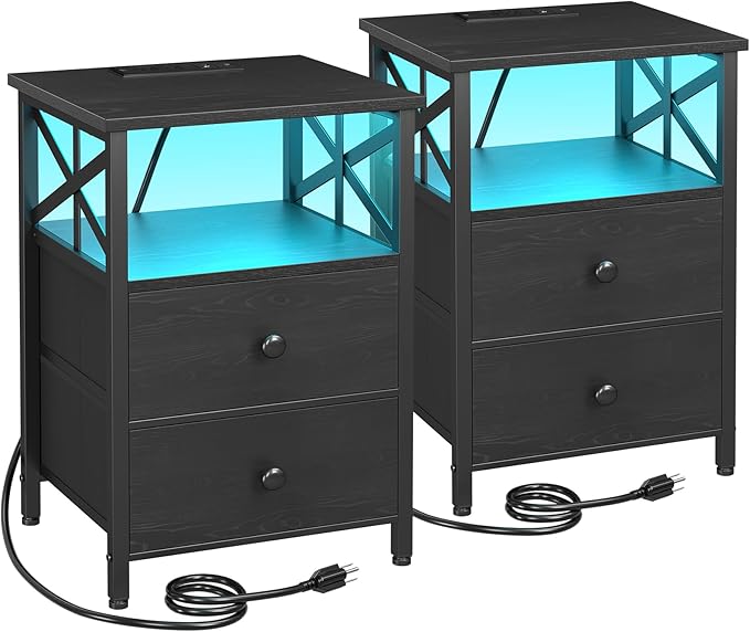 AMHANCIBLE Night Stand Set 2, LED Nightstand with Charging Station, End Tables Living Room with Fabric Drawers, Bedside Table for Bedroom, Black, HET052LBK