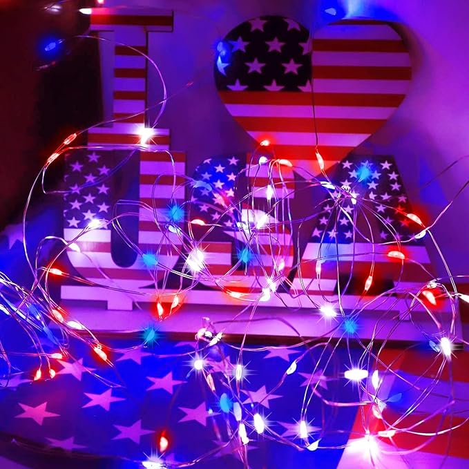 LAMPHOME Patriotic Fairy Lights Battery Operated, 33Ft 100 LEDs Waterproof Twinkle Firefly Lights,Starry String Light for Independence Day Patriotic Holidays Decoration (Red, White & Blue)