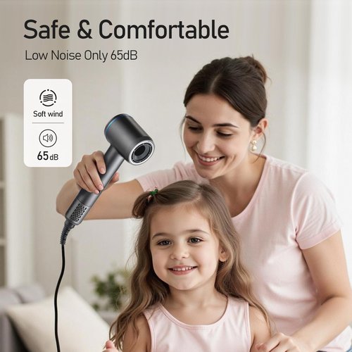 Plasma Blow Dryer, 1400W Fast Drying Hair Dryer with Magnetic Nozzle and Diffuser, 110,000RPM High-Speed with Brushless Motor, Low Noise, Touch Screen Stepless Control Hairdryer for Home or Travel
