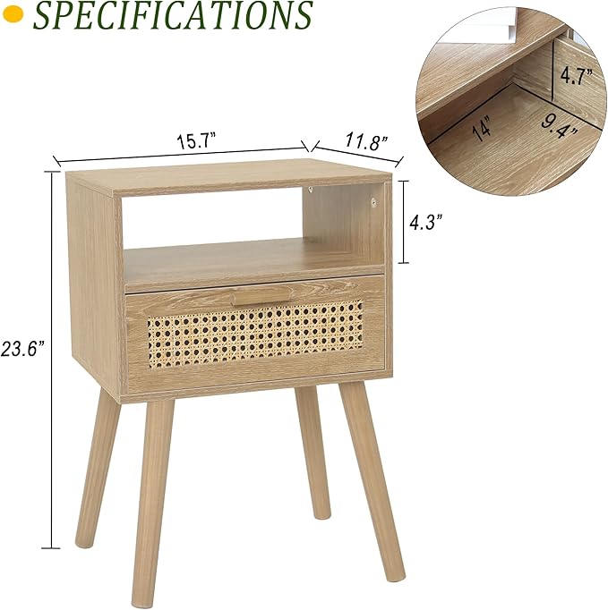 MaxSmeo Rattan Nightstand with Drawer, Mid Century Modern Wood Bedside Table for Living Room, Bedroom and Small Spaces (Rustic Walnut)