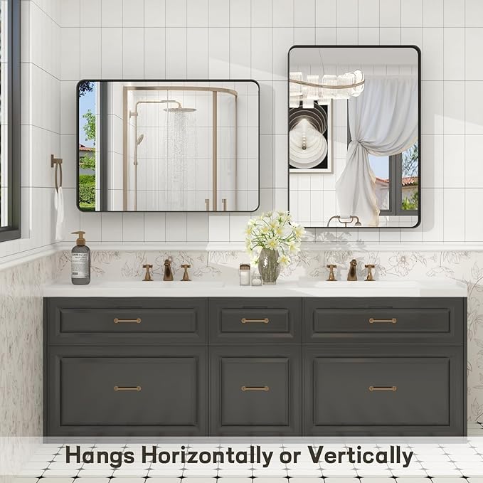 24x36 Inch Black Metal Framed Mirror for Bathroom, Matte Black Vanity Mirror, Rounded Rectangle Bathroom Mirror, Anti-Rust, Shatterproof (Horizontal/Vertical)