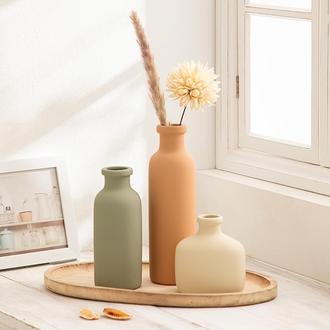 Ceramic Vase Set of 3 - Rustic Vases Set for Flower Centerpieces Pampas Grass - 3 Bud Vase for Decor - Modern Decoration Terracotta Vases for Home Farmhouse Table Office, Mini Pottery Vase by Lyeec