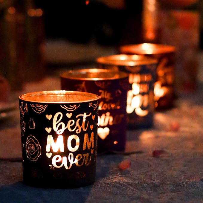 SHMILMH Thanksgiving for Mom from Son Daughter, Mothers Day Table Decoration 4 PCS, Glass Candle Jar Votive Candle Holder for Mother's Birthday Party Decor