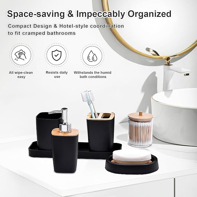 Black Bathroom Accessories Set, 9-Piece Modern Bathroom Accessory Kit with Soap Dispenser, Toothbrush Holder, Mouthwash Cup, 2 Qtip Holders, Trash Can, Soap Dish, Toilet Brush & Vanity Tray