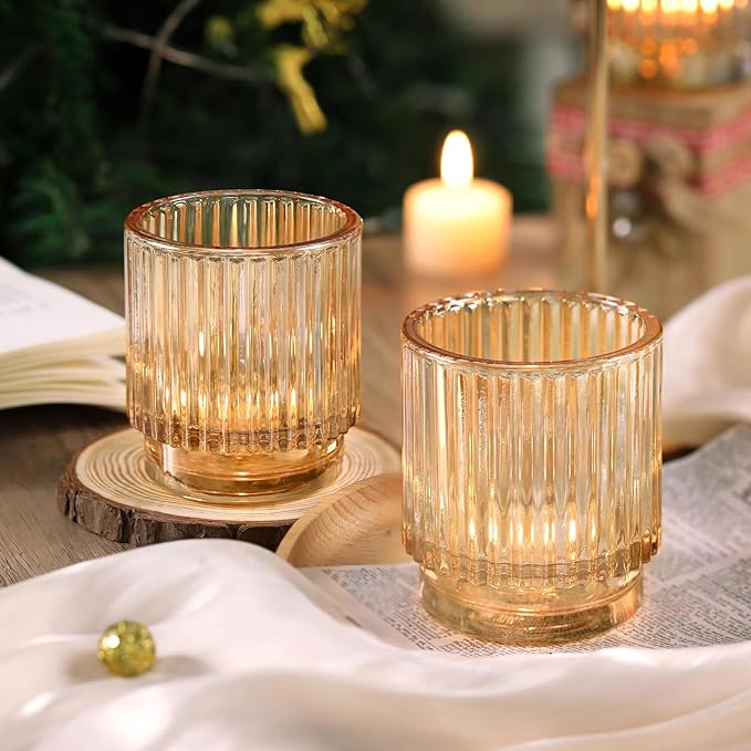 DEVI 8pcs Large Gold Votive Candle Holders for Wedding Centerpieces, Glass Tea Lights Candle Holder Decor, Wedding Bridal Shower Party Table Decor, Vintage Boho Easter Decor for Table
