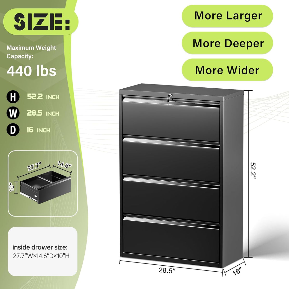 Crownland Lateral File Cabinet with 4 Drawers, 28" W Metal Lockable Office File Cabinets for Home Office- Stores Letter/Legal/A4/F4 Files(Black)