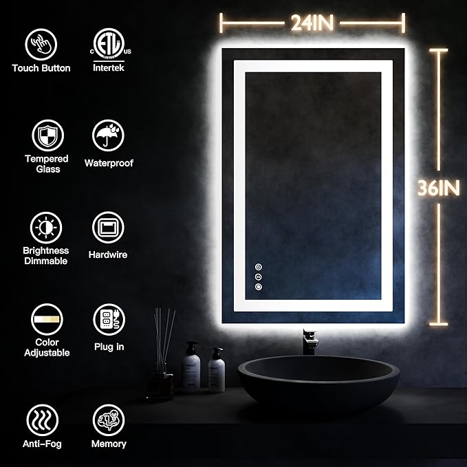 ISKM 36'' x 24'' LED Mirror for Bathroom Lighted Vanity Mirror for Wall Front Lights + Backlit LED Bathroom Mirror Anti-Fog Tempered Glass ETL Listed