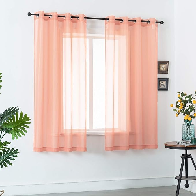 DUALIFE Coral Curtains 63 Inch Length for Girls Bedroom Decor 2 Panels Set Grommet Lightweight Gauzy Drapes Orange Coral Sheer Curtains for Living Room Kids Nursery 52x63 Inches