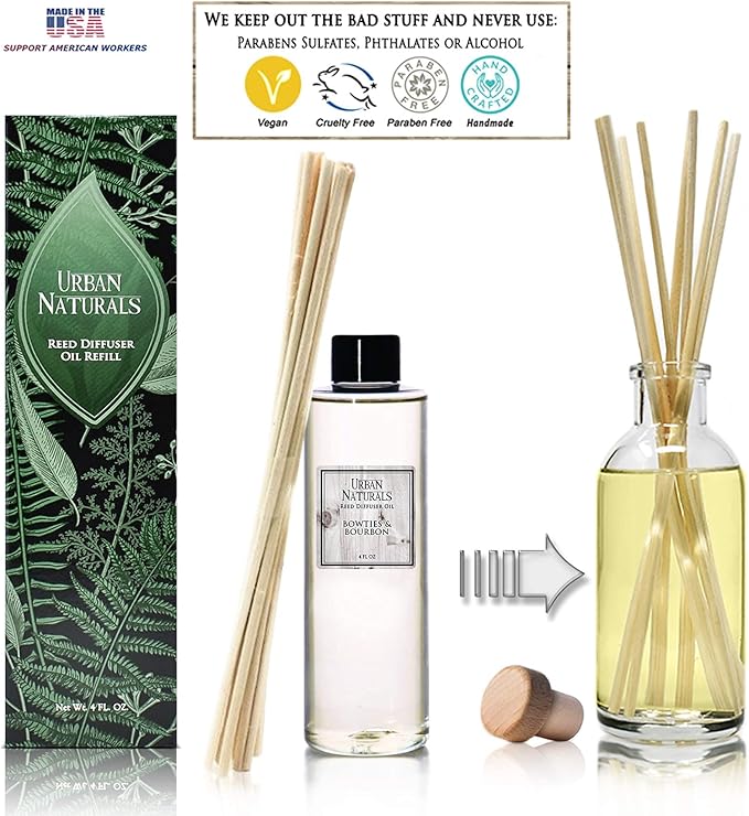 Urban Naturals Bowties & Bourbon Scented Oil Reed Diffuser Refill with Free Set of Reed Sticks. A Unisex Scent Blended with Dark Oak, Bergamot and Bourbon for a Fresh, Clean Smelling Home, 4 oz