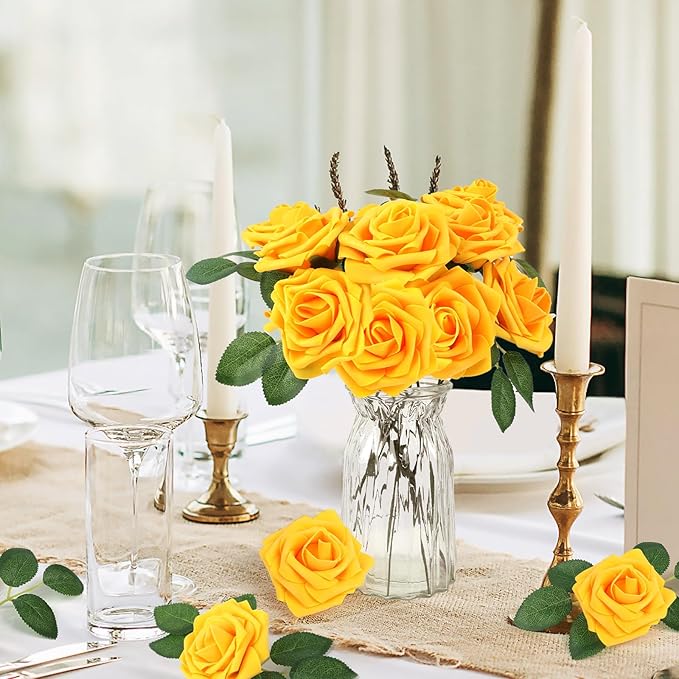 MACTING Artificial Yellow Flowers 30PCS Real Touch Fake Rose Flowers Soft Foam Roses with Stem for Floral Arrangement DIY Table Centerpieces Wedding Bouquet Party Holiday Home Fall Decorations