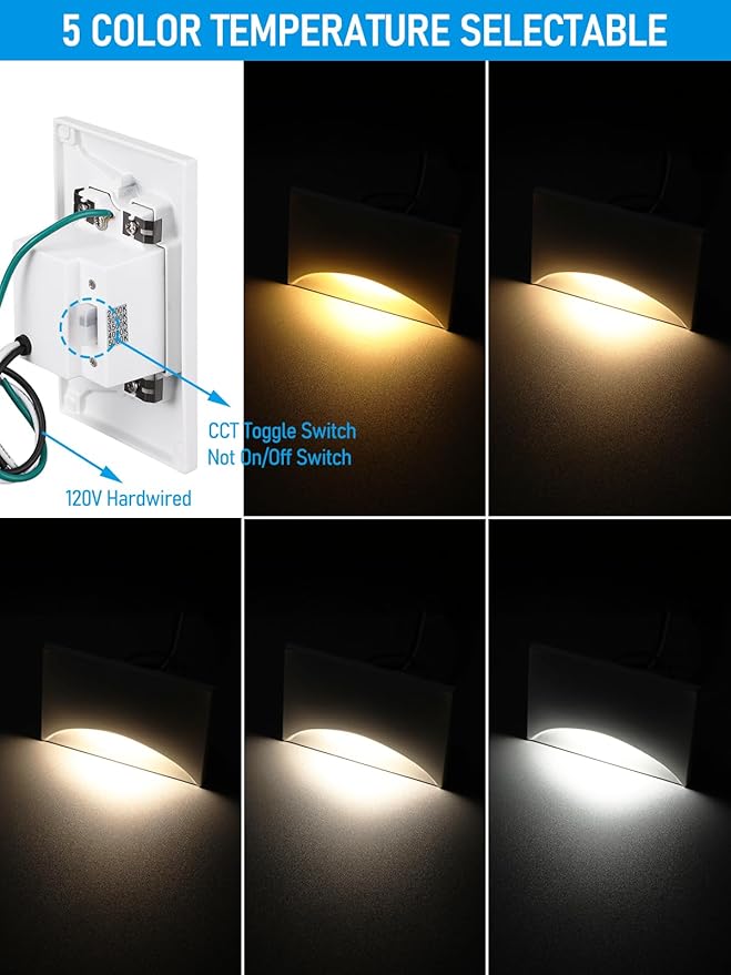 LEONLITE White 5CCT 120V LED Step Lights, 150LM 5%-100% Dimmable Stair Lights Indoor Outdoor IP65 Waterproof, Aluminum Anti-Glare Shell, CRI90 ETL 2700K/3000K/3500K/4000K/5000K, Pack of 6