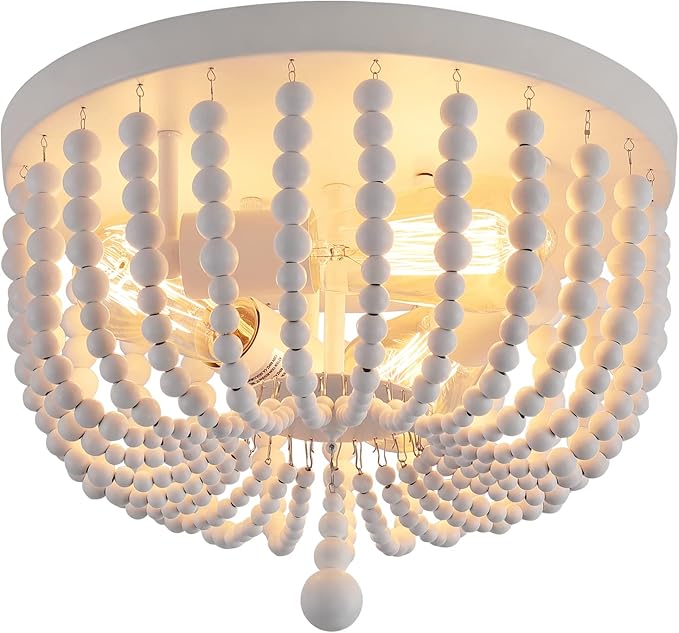 Q&S White Boho Beaded Chandeliers Flush Mount Ceiling Light,3-Lights Small Chandelier Light Fixture for Bedroom,Kitchen,Dining Room,Living Room,Stairway Gazebo