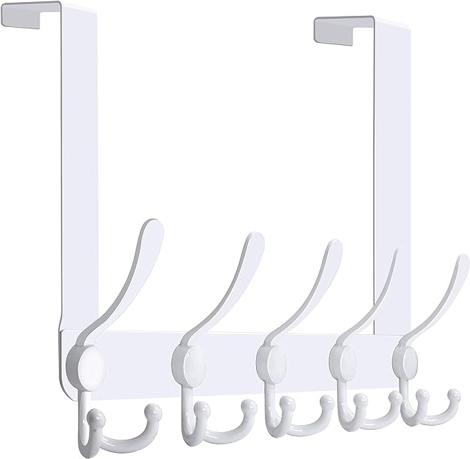 WEBI Over The Door Hooks Door Hanger Hook Rack with 5 Tri Hooks for Hanging,Over The Door Towel Rack Towel Hanger Door Coat Hanger Over Door Coat Rack Behind Back of Bathroom,White